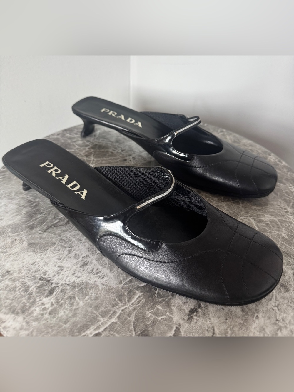 Rare Vintage Prada Black Leather Mule Kitten Heels - Picture 1 of 14